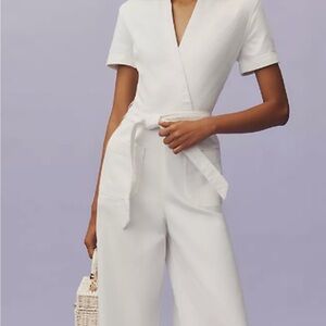 Anthropologie Maeve White Jumpsuit with V-Neck and Wide-Leg Design